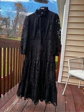 Black Lace Tiered Midi Dress with Bow Neck